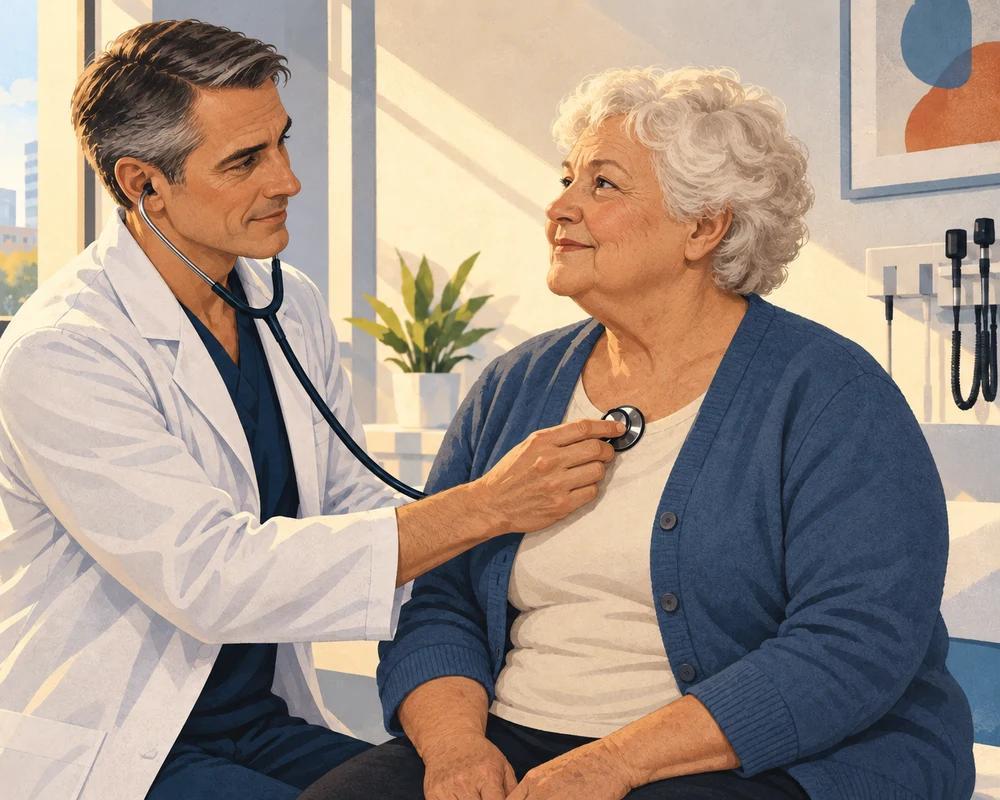 Врач-мужчина обследует пожилую пациентку.
